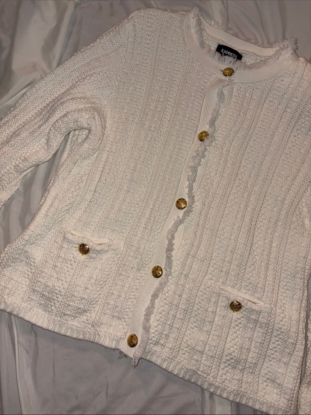 Express Cream Textured Knit Cardigan with Gold Buttons